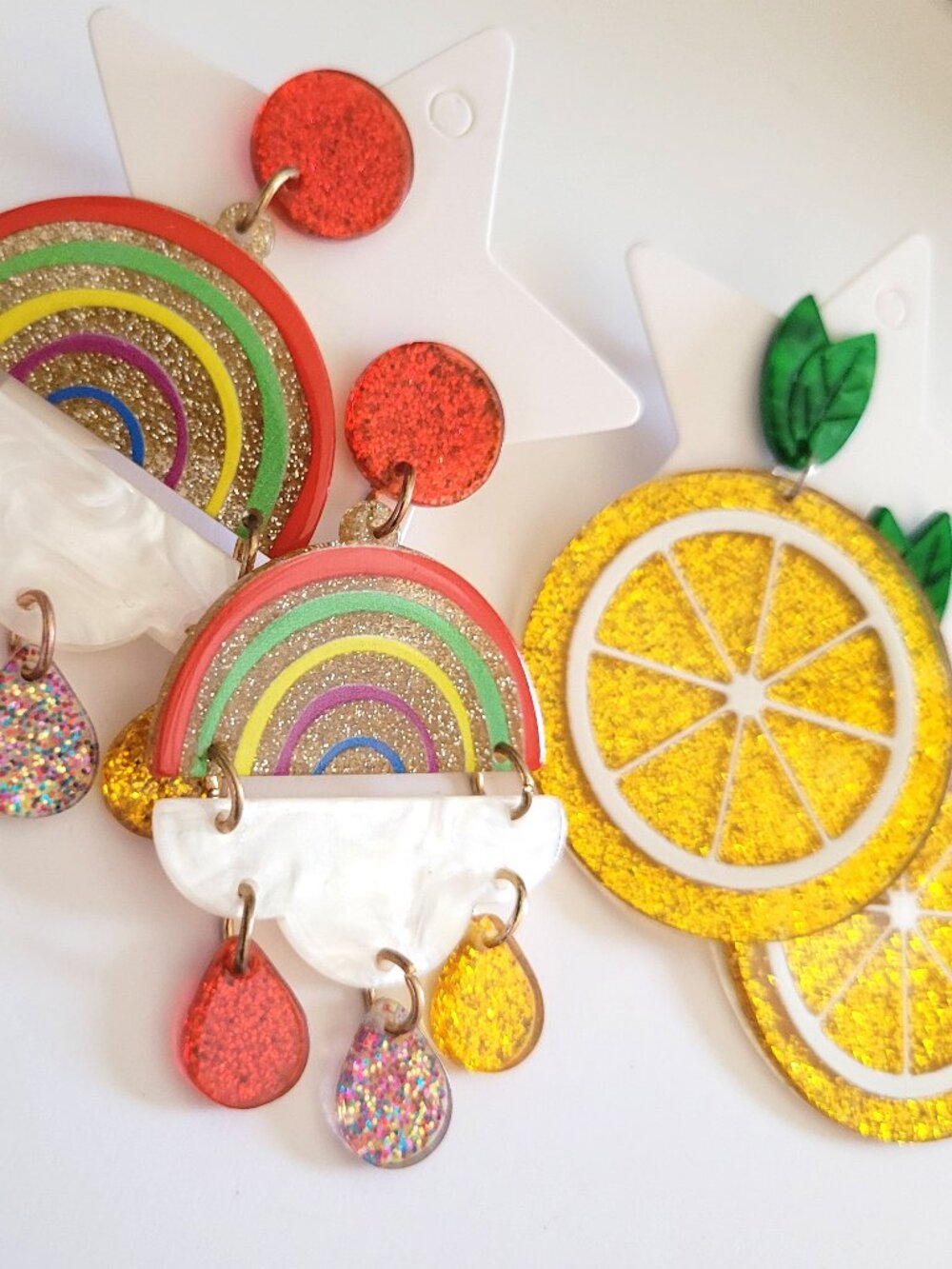 Whimsical Glitter Rainbow and Lemon Earrings